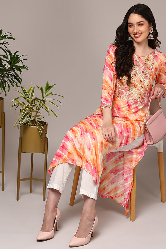 Multi Colour Viscose Rayon Leheriya Printed Straight Kurta VCK9495