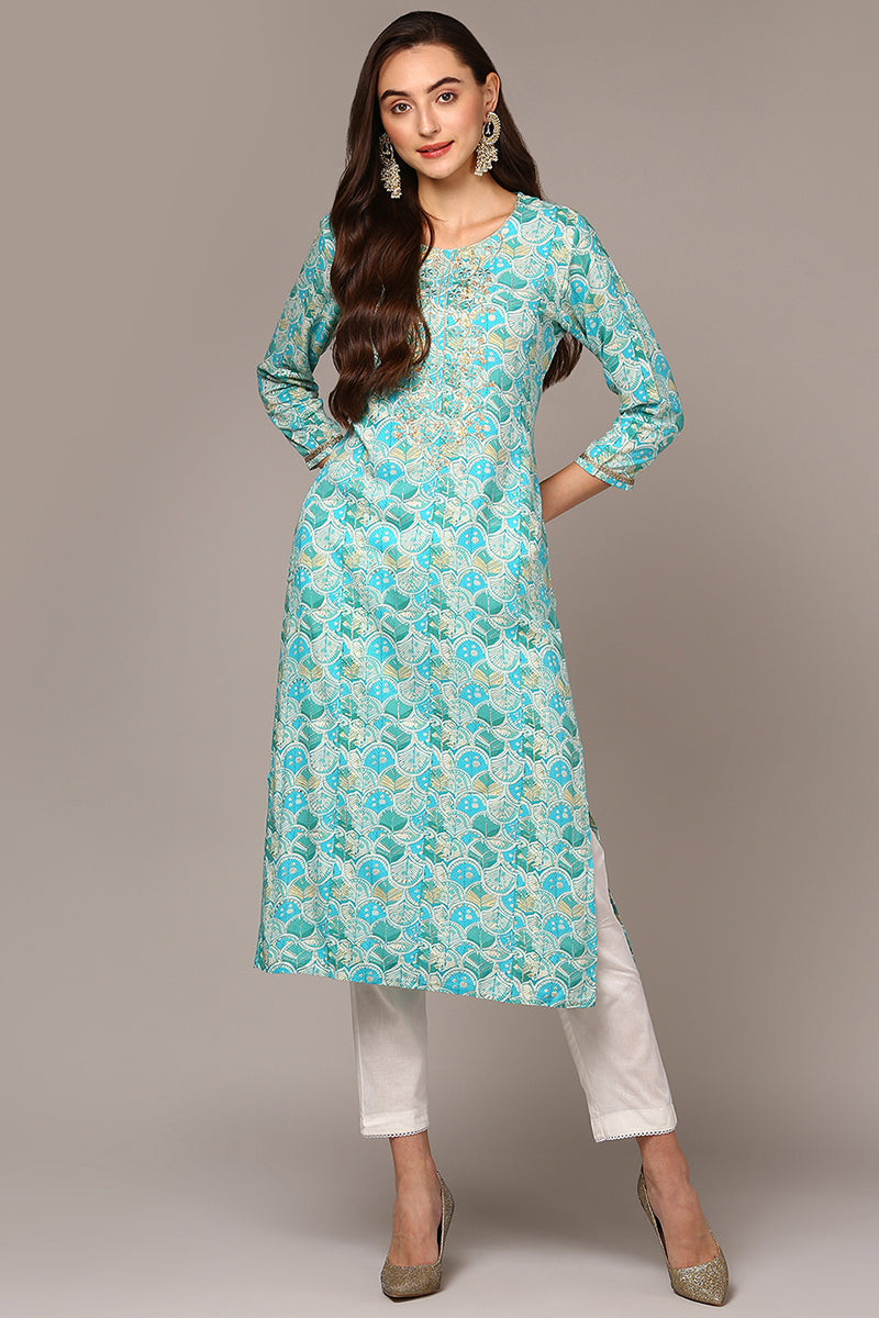 Turquoise Blue Viscose Rayon Ethnic Motifs Straight Kurta VCK9510