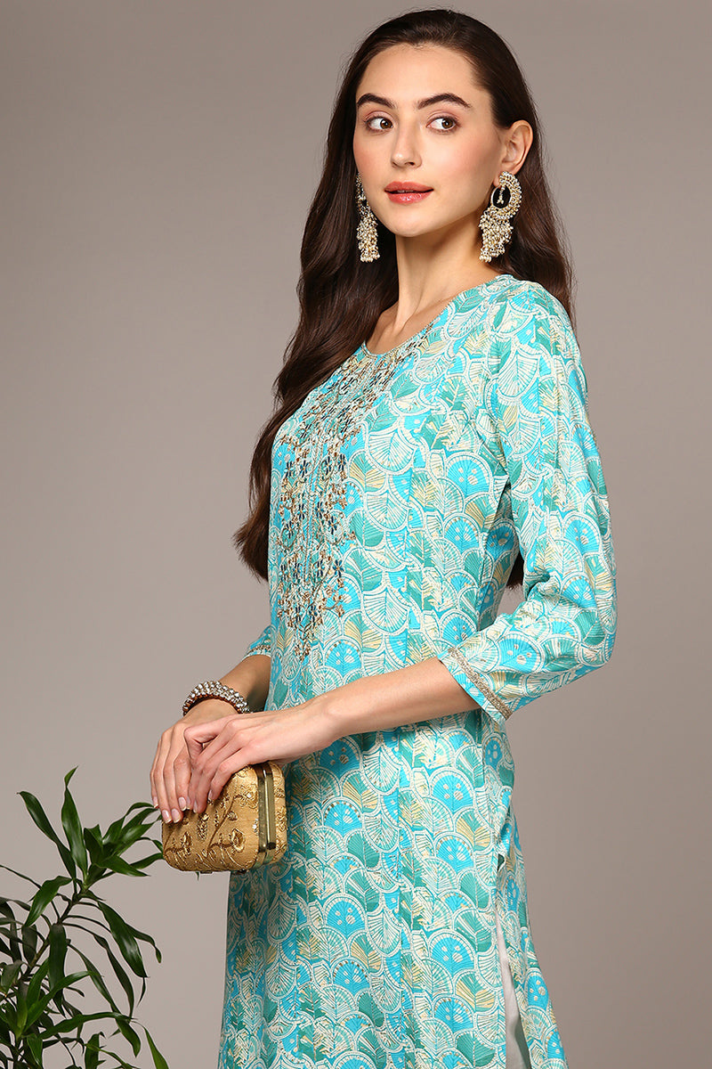 Turquoise Blue Viscose Rayon Ethnic Motifs Straight Kurta VCK9510