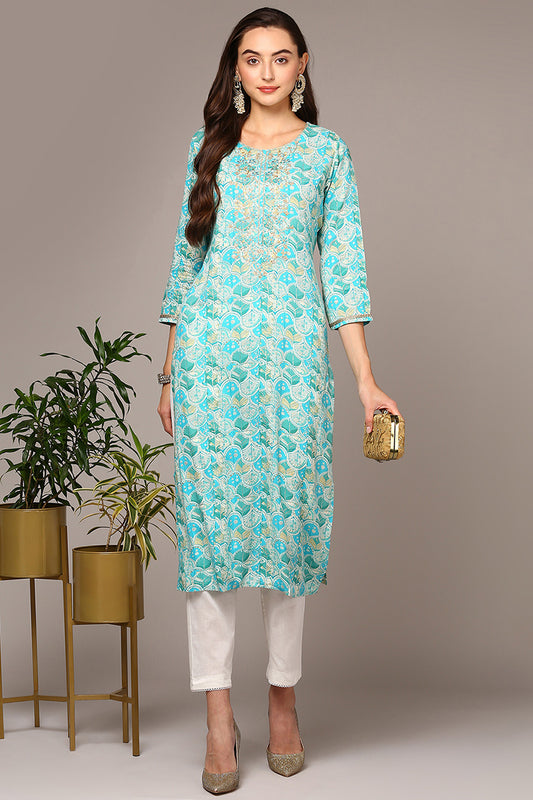 Turquoise Blue Viscose Rayon Ethnic Motifs Straight Kurta VCK9510