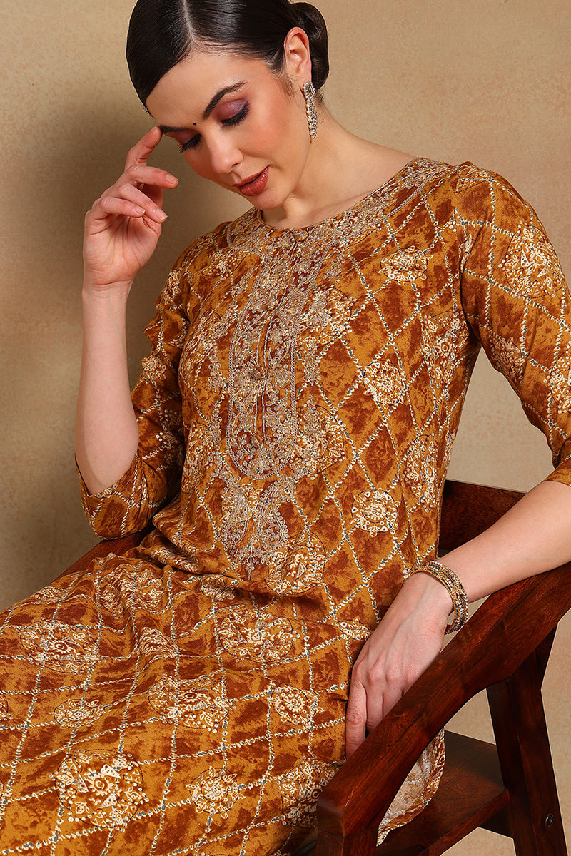 Orange Viscose Rayon Ethnic Motifs Printed Straight Kurta VCK9511