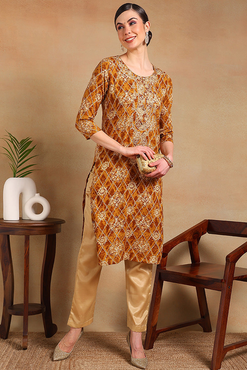 Orange Viscose Rayon Ethnic Motifs Printed Straight Kurta VCK9511