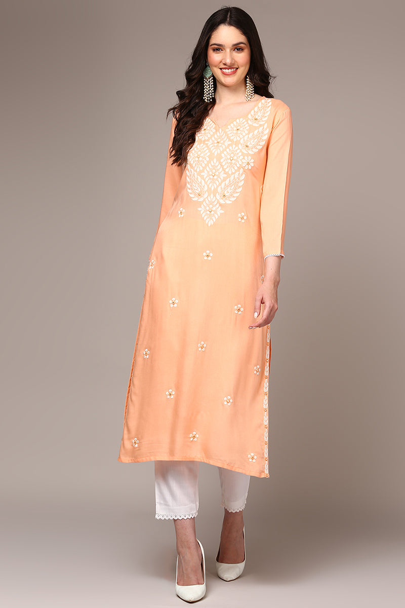 Plus Size Orange Viscose Rayon Embroidered Kurta VCK9515