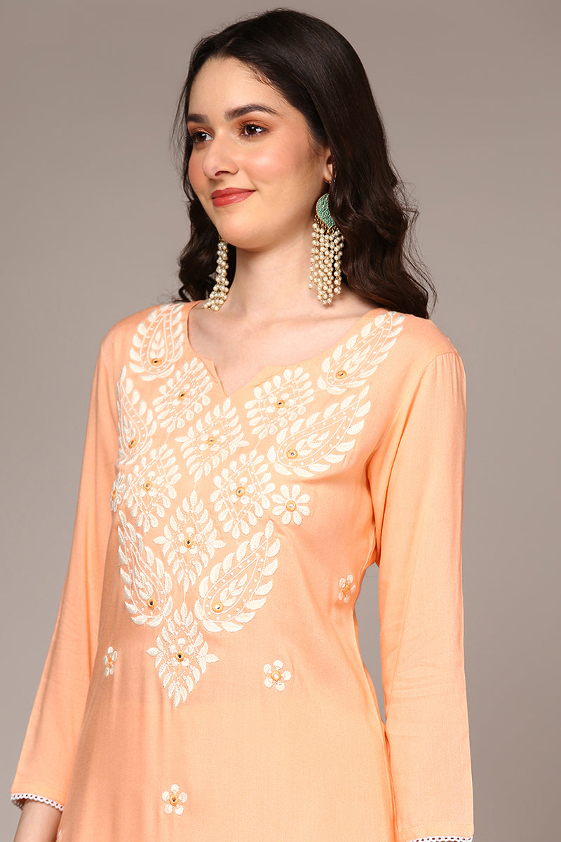 Plus Size Orange Viscose Rayon Embroidered Kurta VCK9515