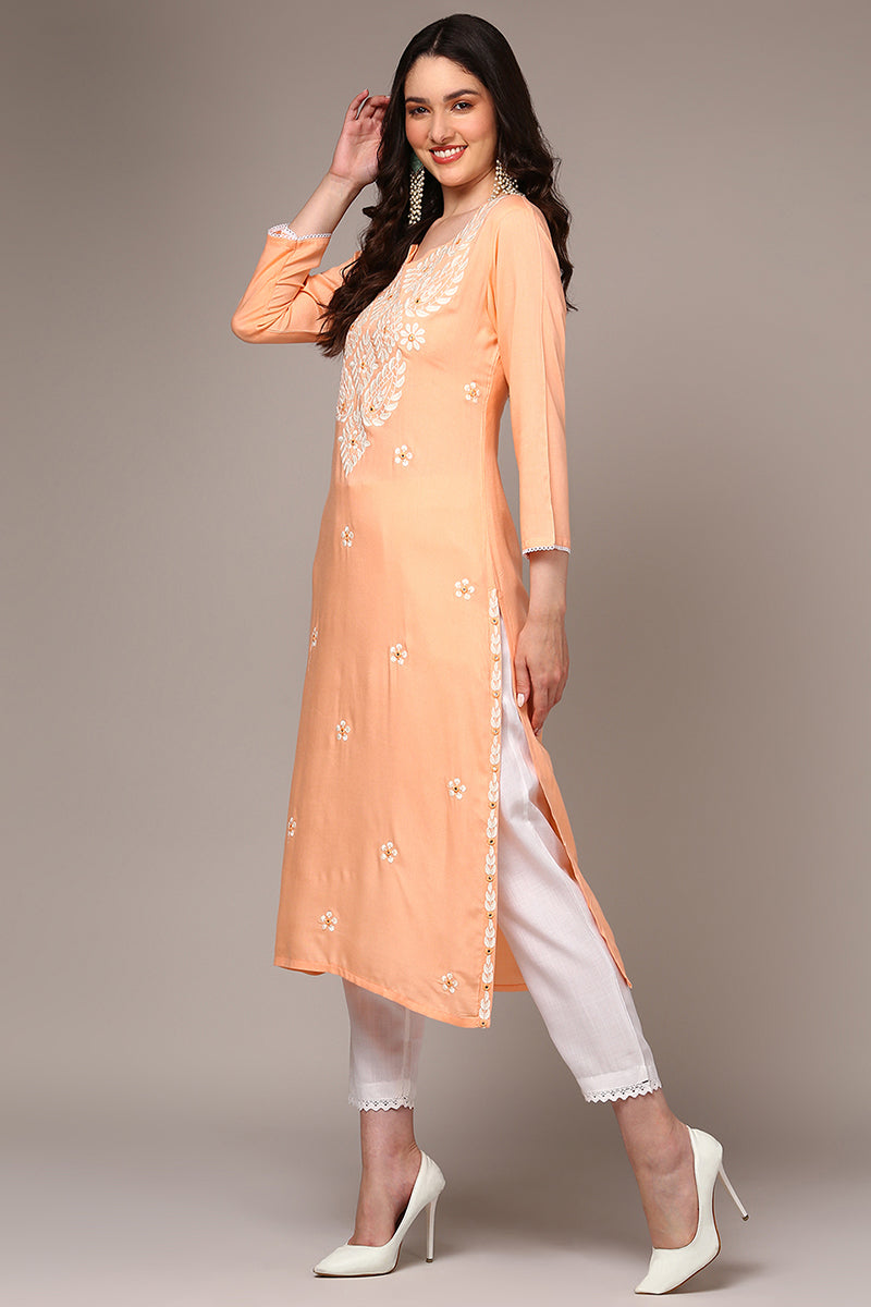 Plus Size Orange Viscose Rayon Embroidered Kurta VCK9515