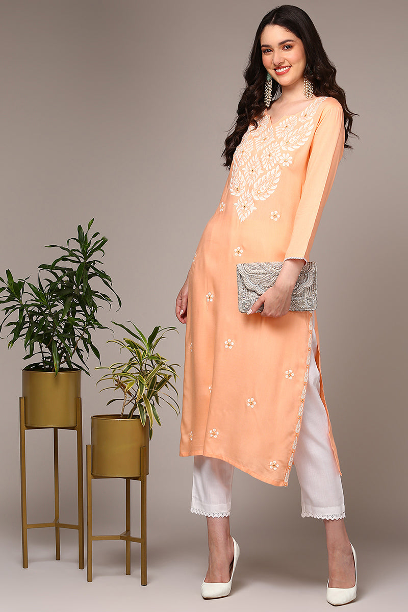 Plus Size Orange Viscose Rayon Embroidered Kurta VCK9515