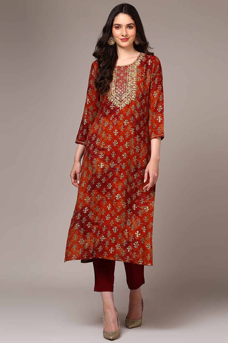 Plus Size Orange Viscose Rayon Embroidered Kurta VCK9522