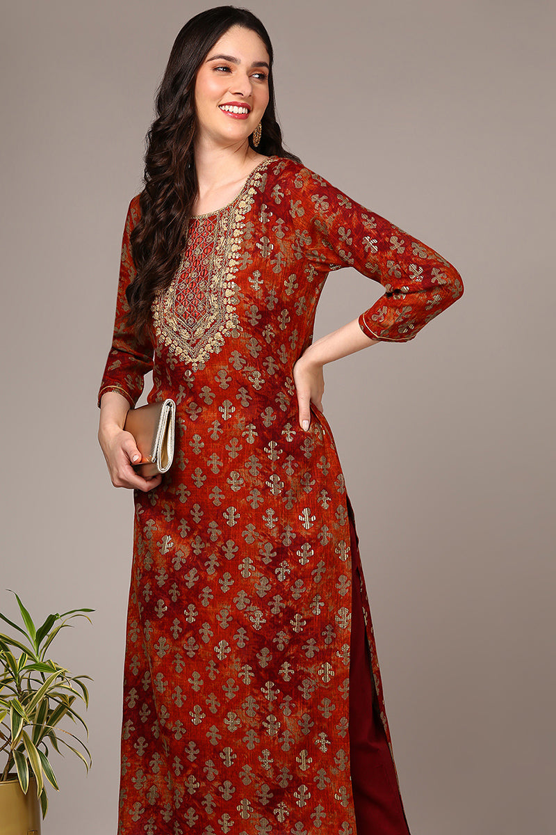 Plus Size Orange Viscose Rayon Embroidered Kurta VCK9522
