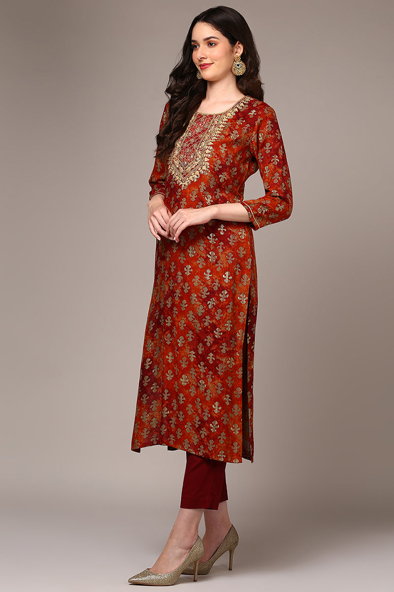 Plus Size Orange Viscose Rayon Embroidered Kurta VCK9522