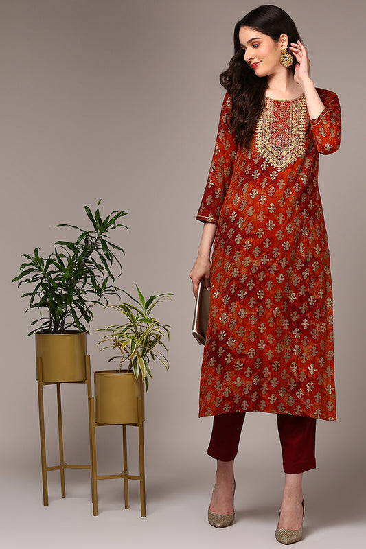Plus Size Orange Viscose Rayon Embroidered Kurta VCK9522