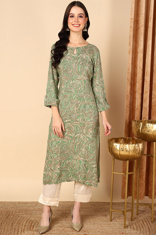 Plus Size Green Viscose Rayon Ethnic Printed Straight Kurta VCK9523