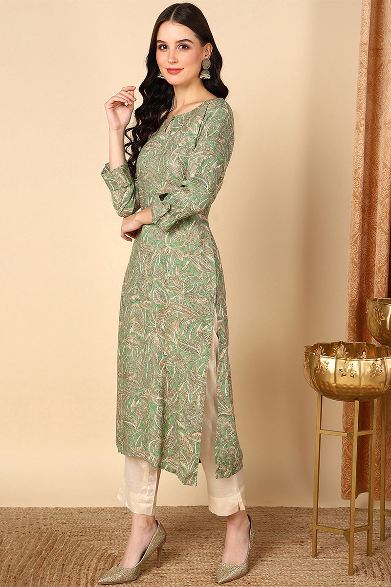 Green Viscose Rayon Ethnic Motifs Printed Straight Kurta VCK9523