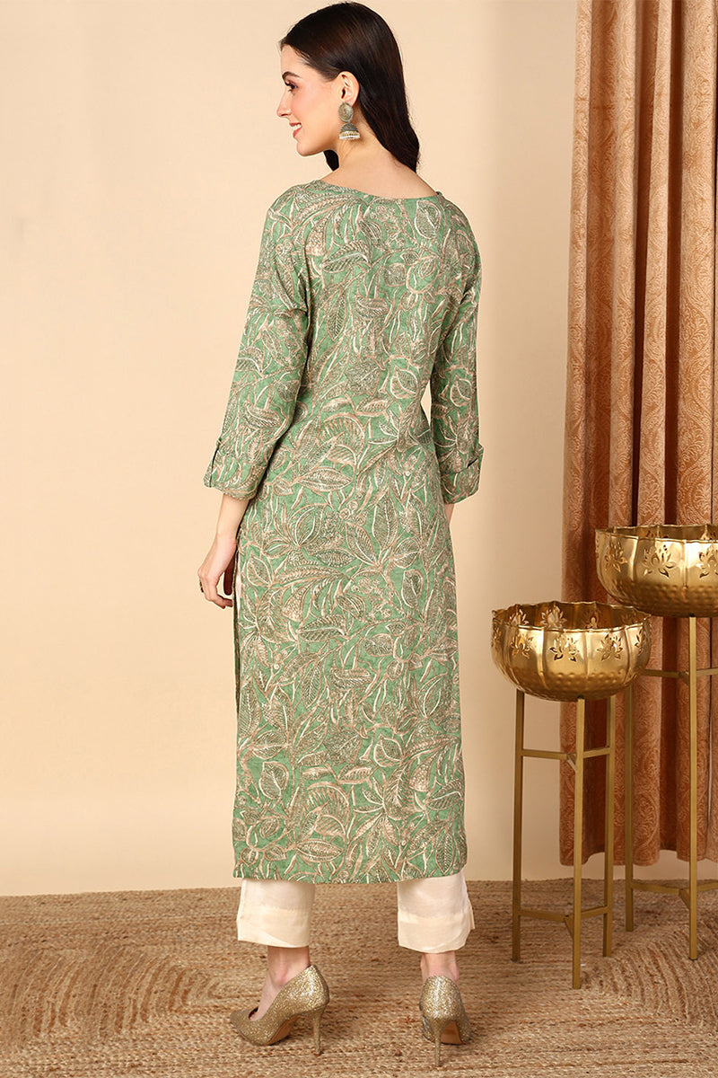 Plus Size Green Viscose Rayon Ethnic Printed Straight Kurta VCK9523