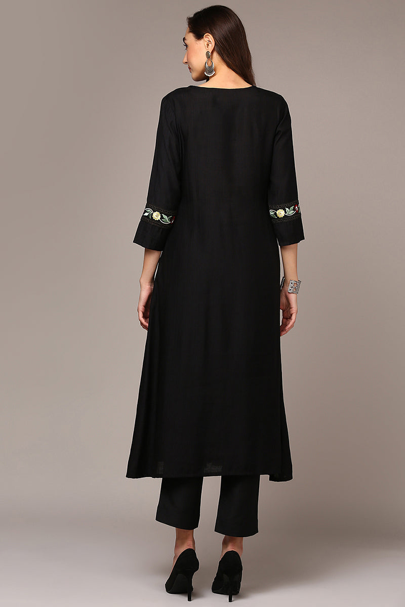 Black Viscose Rayon Embroidered Flared Kurta VCK9535