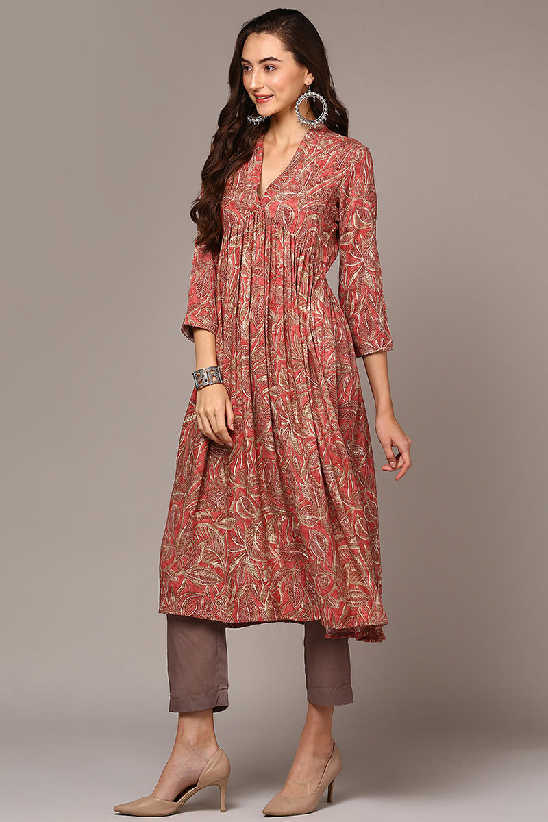 Pink Viscose Rayon Ethnic Motifs Printed Alia Cut Kurta VCK9536