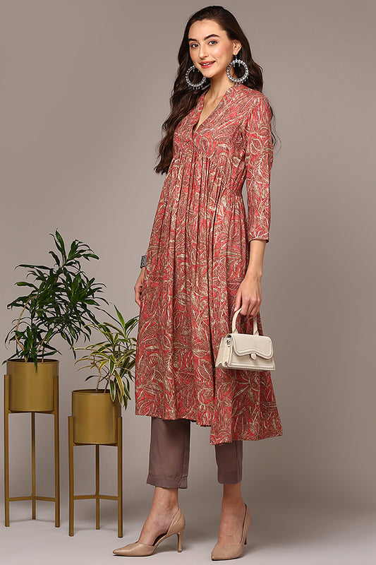 Pink Viscose Rayon Ethnic Motifs Printed Alia Cut Kurta VCK9536