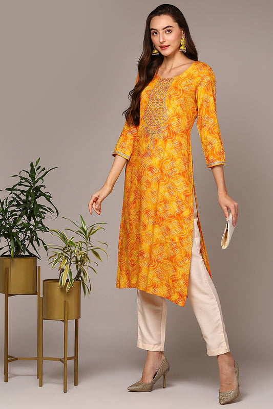 Plus Size Yellow Viscose Rayon Bandhani Printed Straight Kurta VCK9540