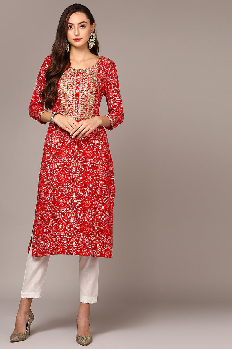 Red Viscose Rayon Bandhani Straight Kurta VCK9546