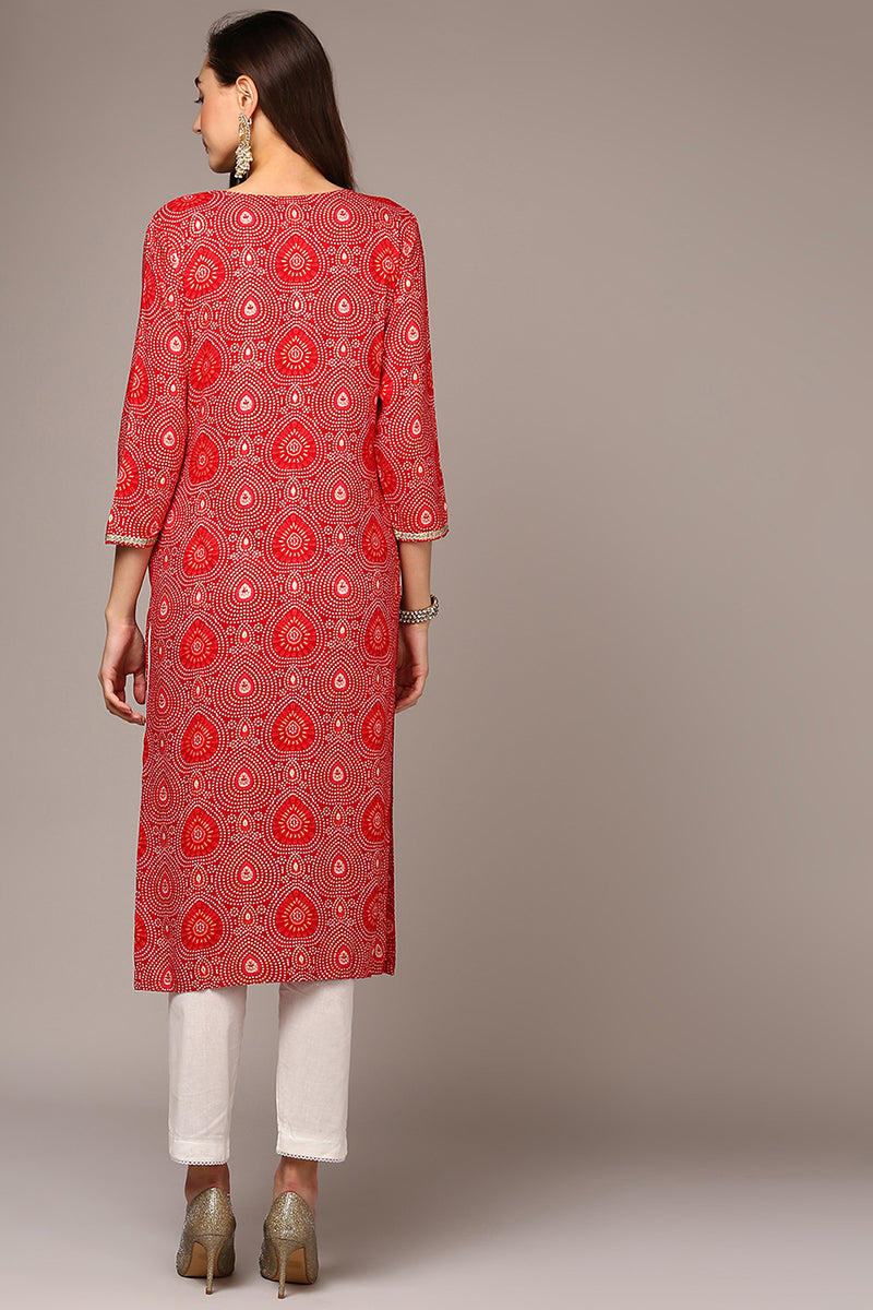 Red Viscose Rayon Bandhani Straight Kurta VCK9546