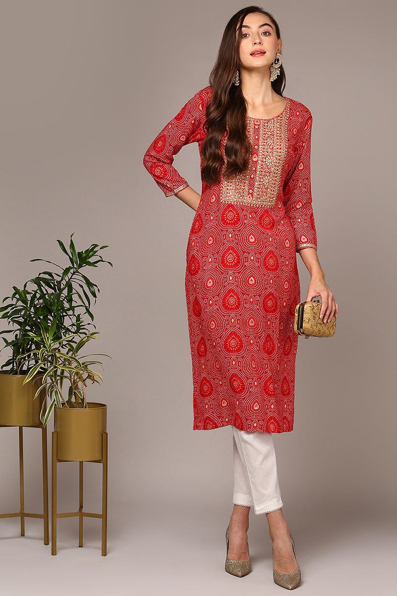 Red Viscose Rayon Bandhani Straight Kurta VCK9546