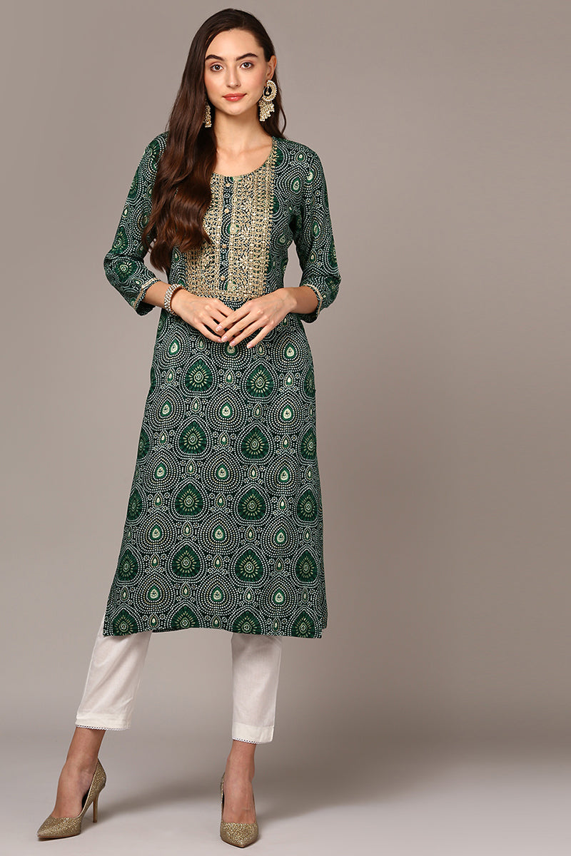 Green Viscose Rayon Bandhani Straight Kurta VCK9547