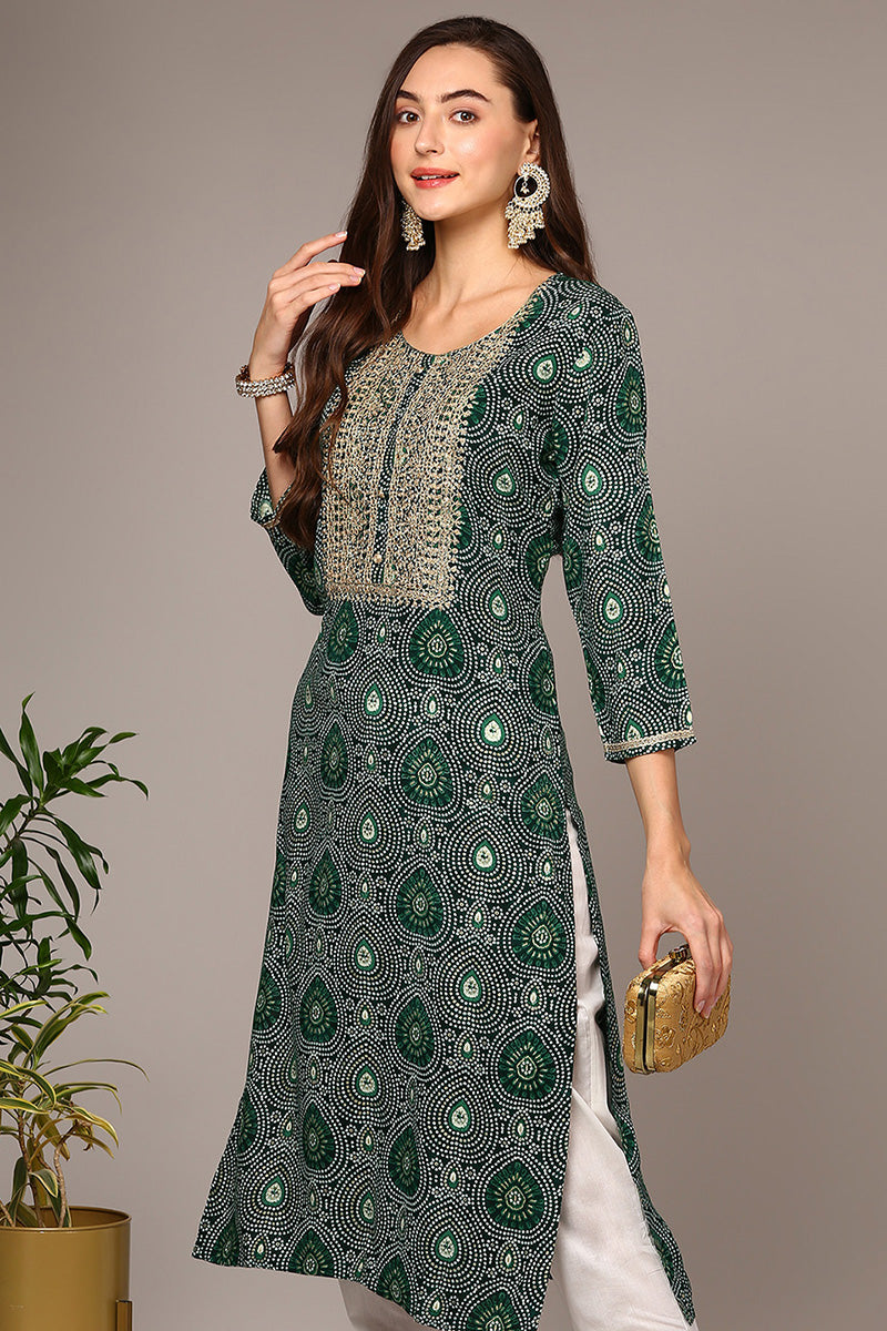 Green Viscose Rayon Bandhani Straight Kurta VCK9547