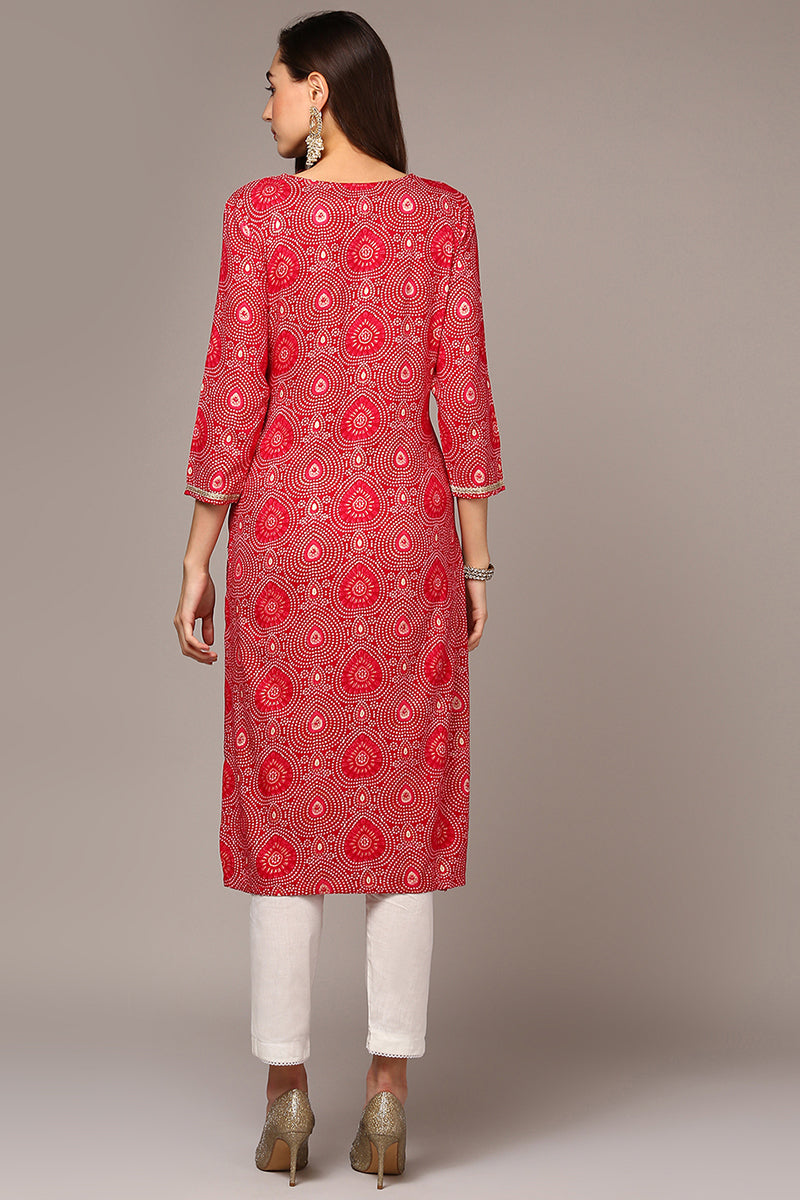 Pink Viscose Rayon Bandhani Straight Kurta VCK9548