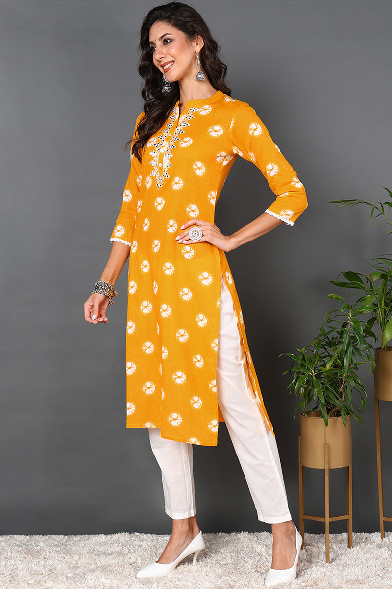 Plus Size Yellow Cotton Embroidered Ethnic Motifs Straight Kurta VCK9567