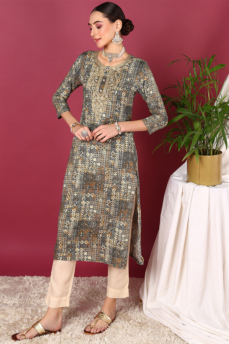 Plus Size Blue Viscose Rayon Ethnic Motifs Printed Straight Kurta VCK9581