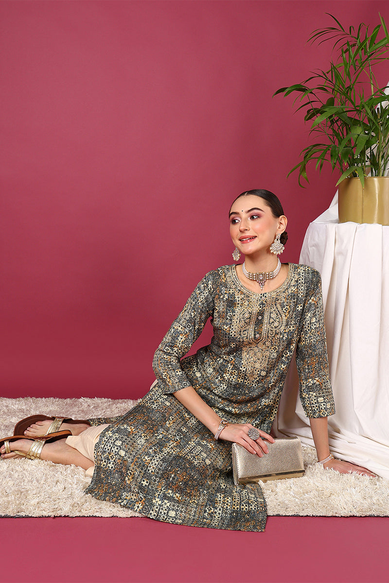 Plus Size Blue Viscose Rayon Ethnic Motifs Printed Straight Kurta VCK9581