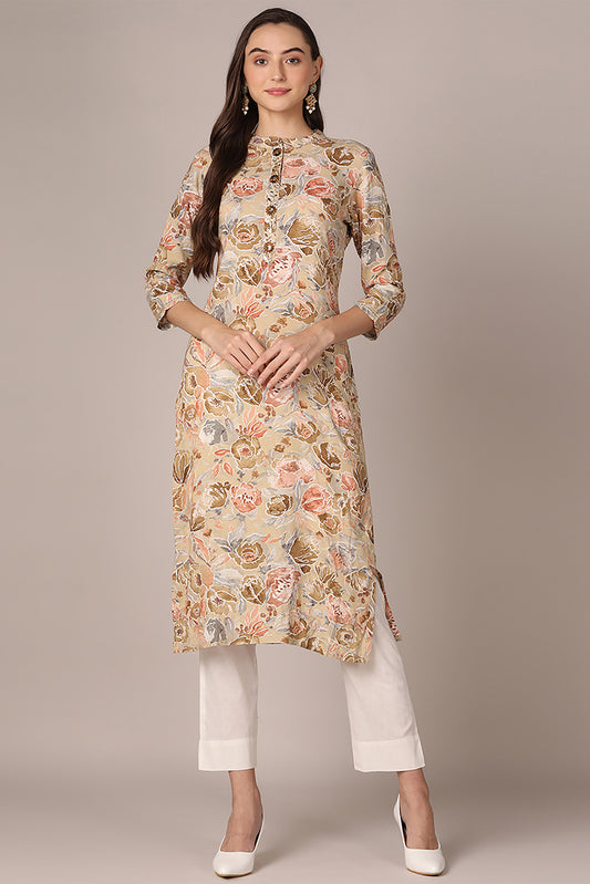 Plus Size Khaki Viscose Rayon Floral Printed Straight Kurta VCK9591