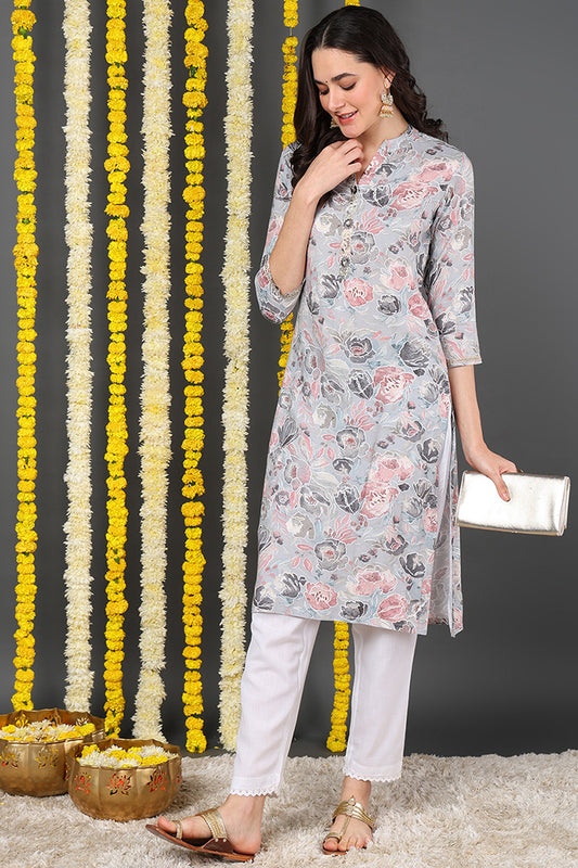 Plus Size Grey Viscose Rayon Floral Printed Straight Kurta VCK9593