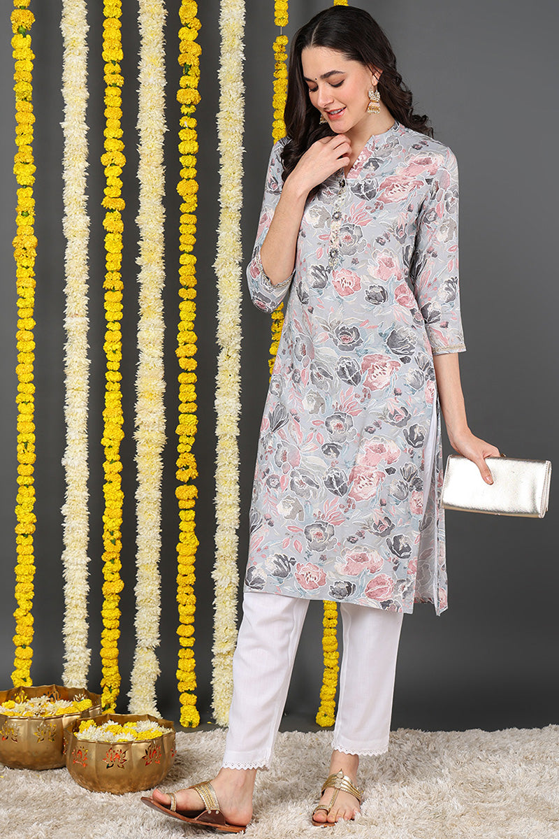 Grey Viscose Rayon Floral Printed Straight Kurta VCK9593