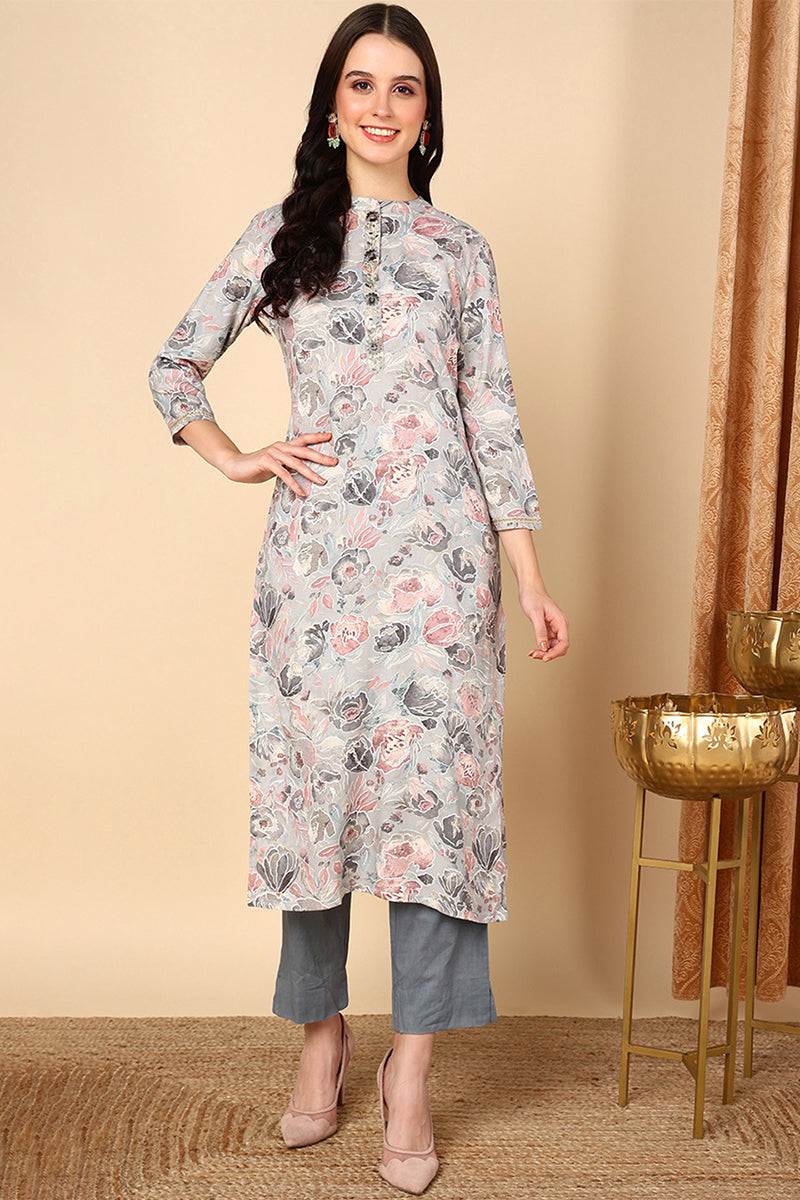 Plus Size Grey Viscose Rayon Floral Printed Straight Kurta VCK9593