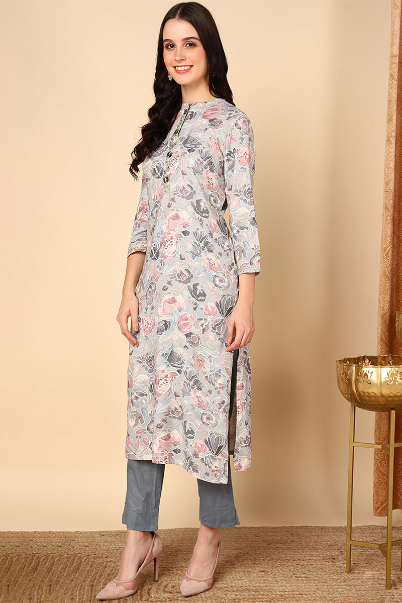 Plus Size Grey Viscose Rayon Floral Printed Straight Kurta VCK9593
