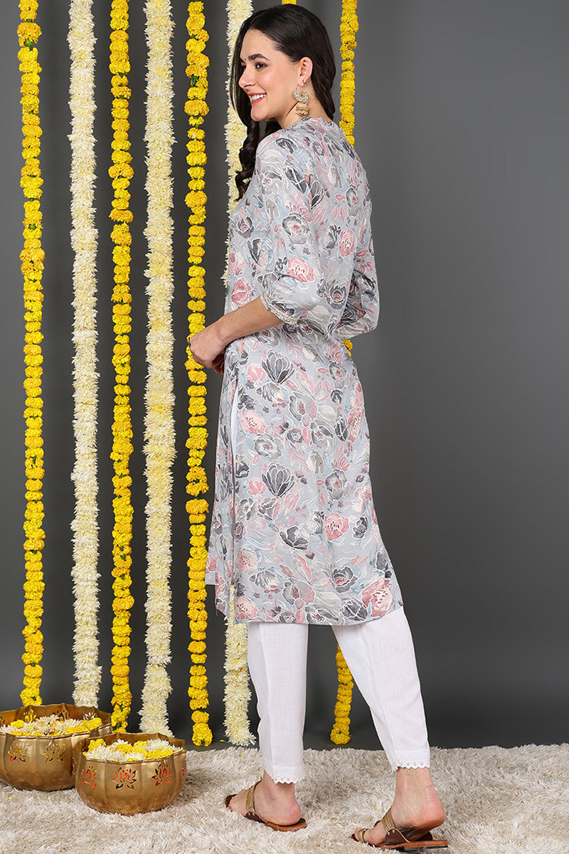 Grey Viscose Rayon Floral Printed Straight Kurta VCK9593