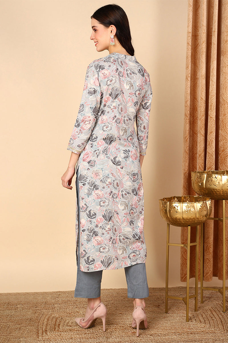 Plus Size Grey Viscose Rayon Floral Printed Straight Kurta VCK9593