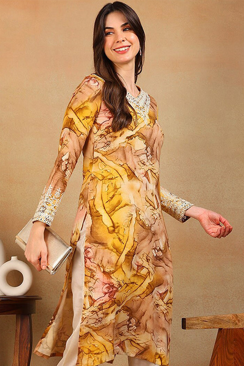 Mustard Yellow Viscose Rayon Tie and Dye Printed Straight Kurta VCK9605