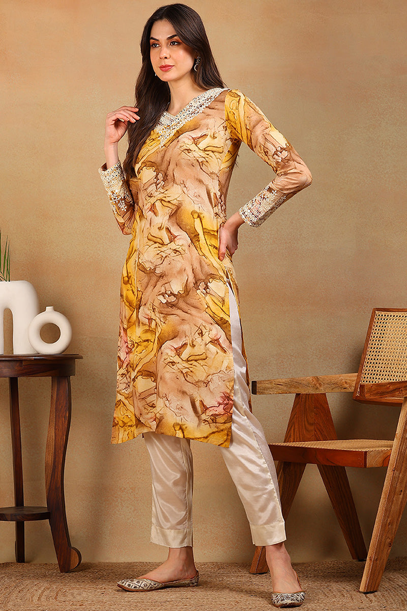 Mustard Yellow Viscose Rayon Tie and Dye Printed Straight Kurta VCK9605