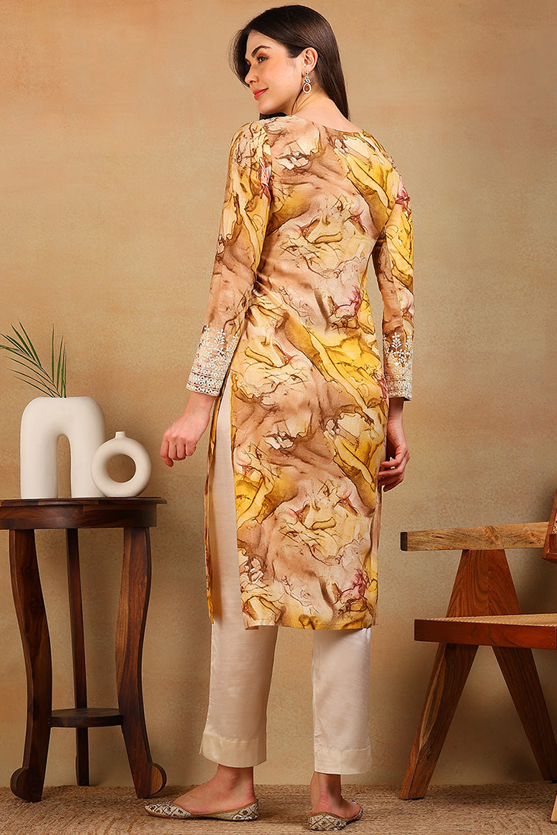 Mustard Yellow Viscose Rayon Tie and Dye Printed Straight Kurta VCK9605