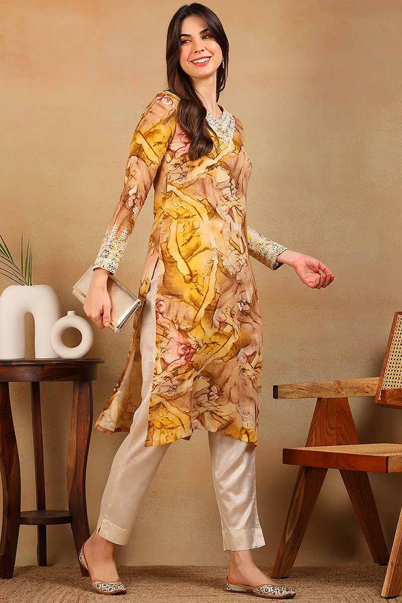 Mustard Viscose Rayon Tie and Dye Printed Straight Kurta VCK9605