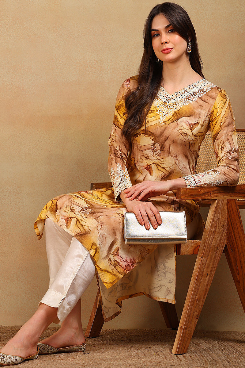 Mustard Yellow Viscose Rayon Tie and Dye Printed Straight Kurta VCK9605