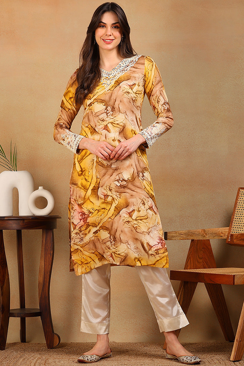 Mustard Yellow Viscose Rayon Tie and Dye Printed Straight Kurta VCK9605