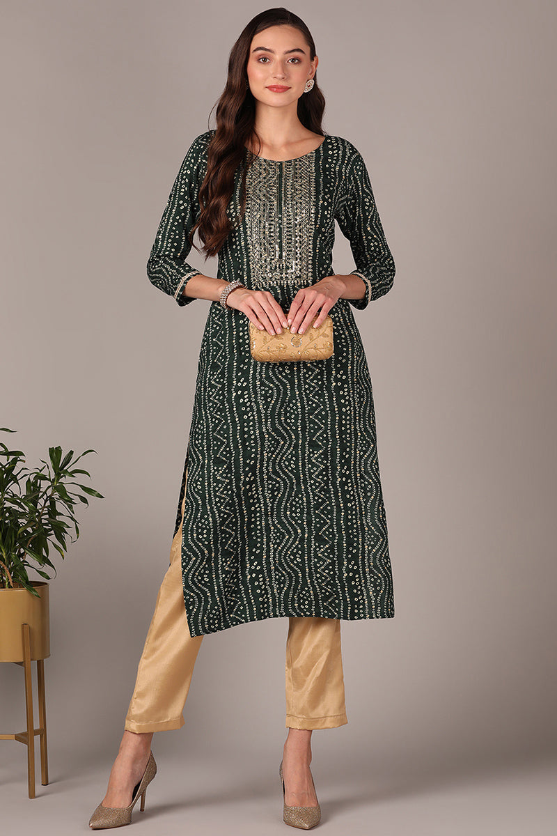 Plus Size Green Viscose Rayon Bandhani Embroidered Straight Kurta VCK9621