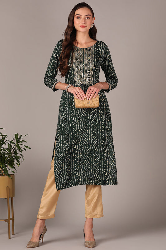 Green Viscose Rayon Bandhani Embroidered Straight Kurta VCK9621