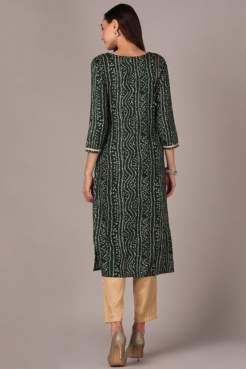 Plus Size Green Viscose Rayon Bandhani Embroidered Straight Kurta VCK9621