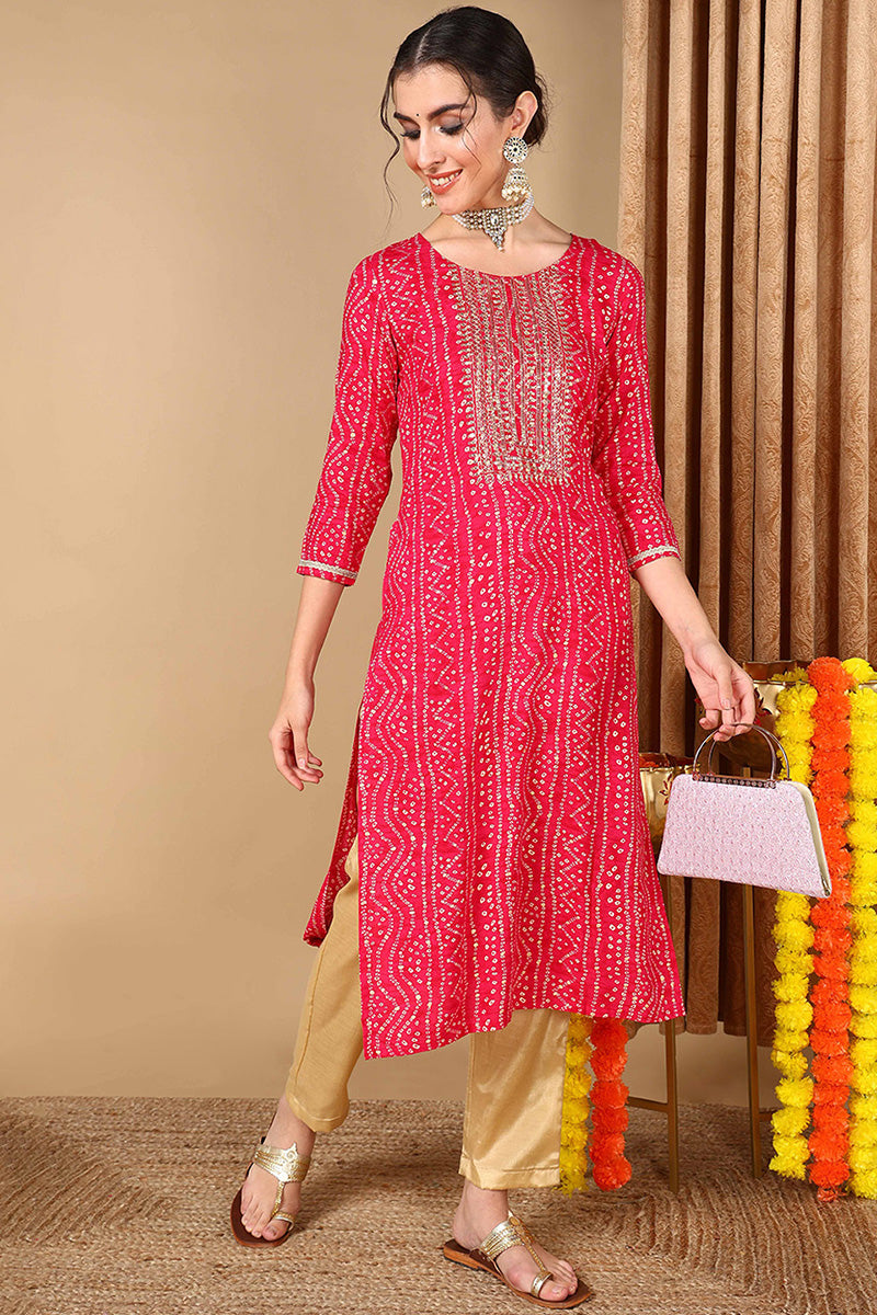 Pink Viscose Rayon Bandhani Embroidered Straight Kurta VCK9622