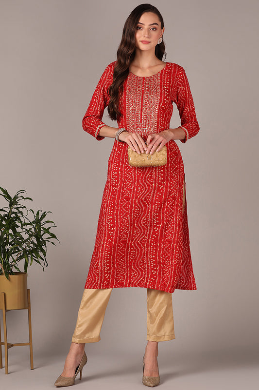 Red Viscose Rayon Bandhani Embroidered Straight Kurta VCK9624