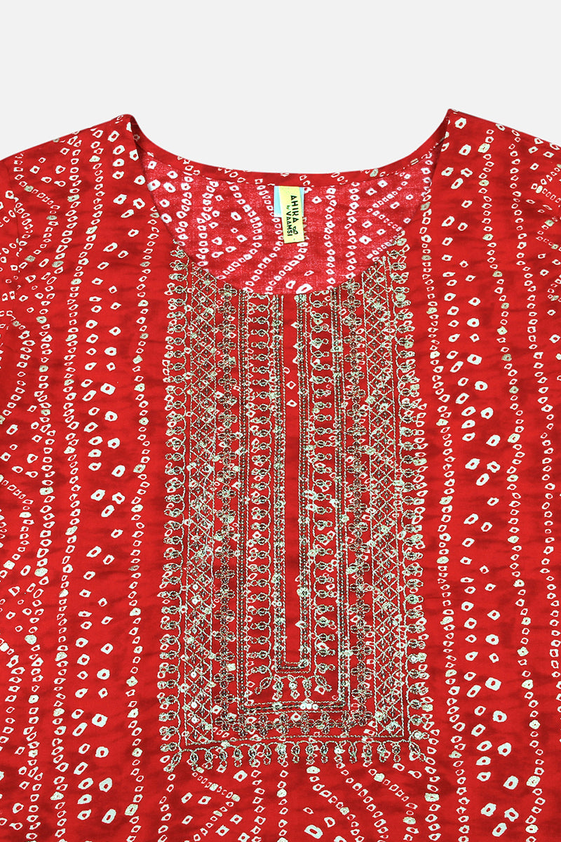 Plus Size Red Viscose Rayon Bandhani Embroidered Straight Kurta VCK9624