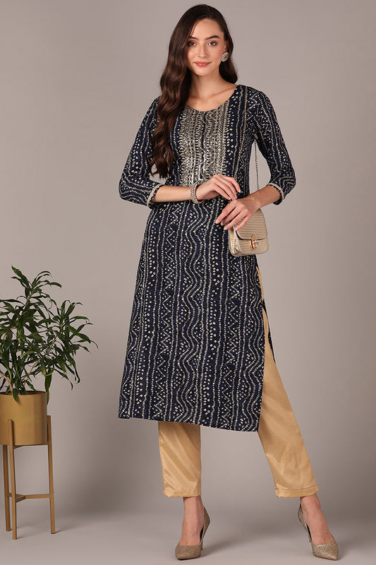 Plus Size Navy Blue Viscose Rayon Bandhani Embroidered Straight Kurta VCK9625